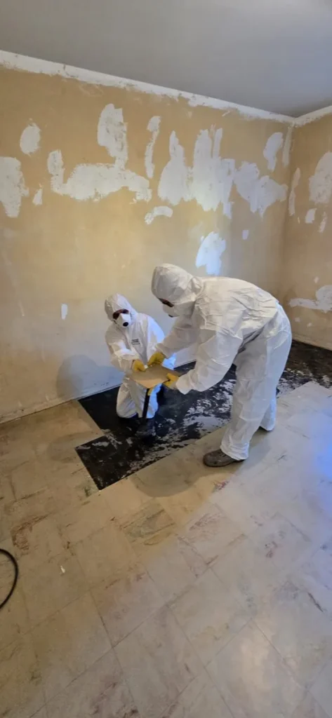 Zwei Mitarbeiter in Einwegschutzanzug und mit Atemschutz beim Ausbau asbesthaltiger Floor-Flex-Platten